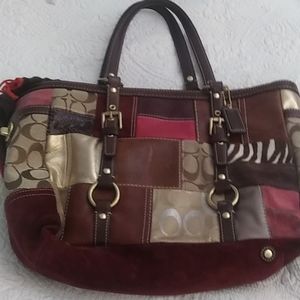 Coach mulitpatchwork suede and leather gold tone metal accent brown leather hand